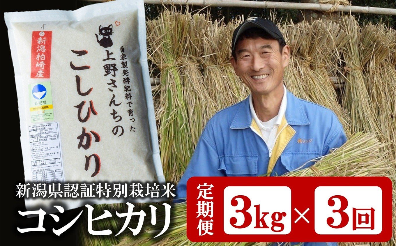 
            先行予約【令和7年産米・3ヶ月定期便・1月～発送】 コシヒカリ 白米 3kg×3回（計 9kg）上野さんちの有機100％肥料で栽培 [Y0463]
          