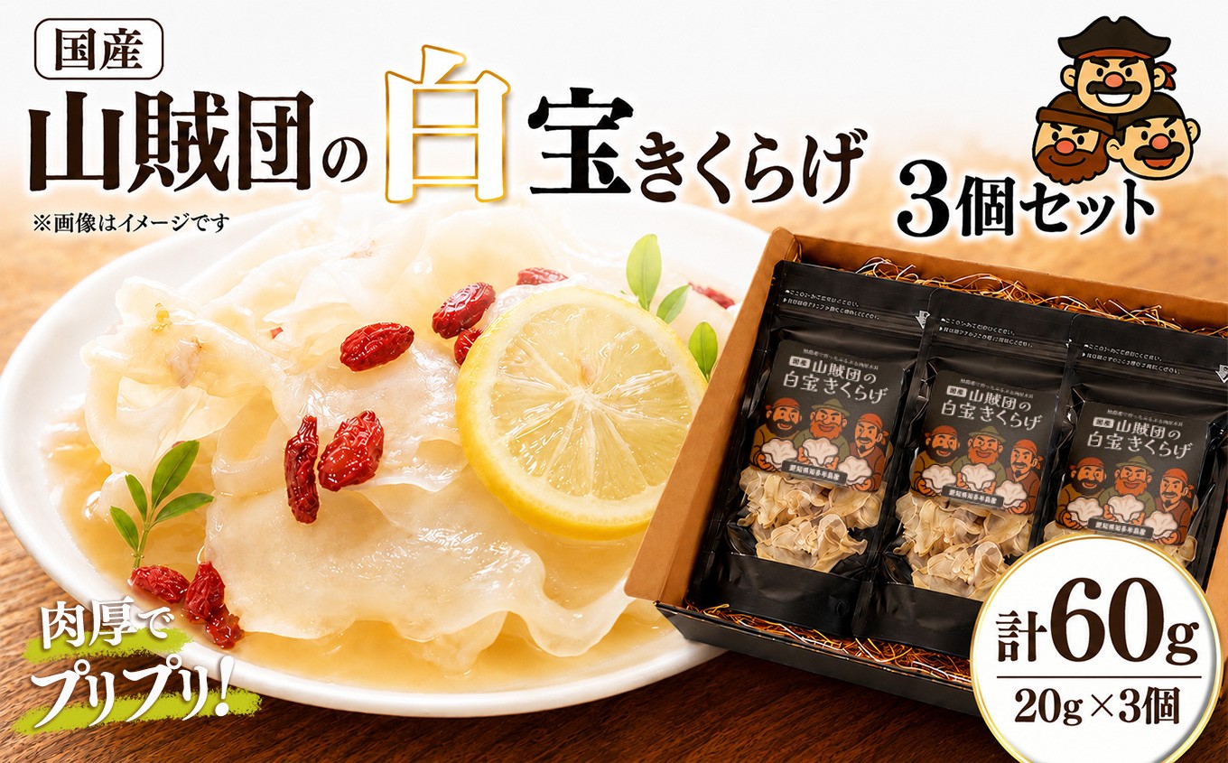 
                  ＜国産＞山賊団の白宝きくらげ(肉厚プルプル) 20g 3個セット｜キクラゲ 木耳 中華
                