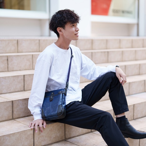 豊岡鞄　帆布PU×レザーショルダーＳ（24-170）ブルー