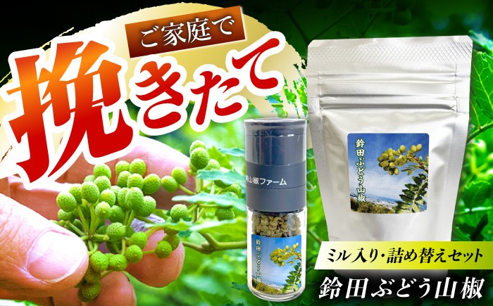 
                  鈴田ぶどう山椒 種抜き(ホール) ミル入り・詰め替え セット 香辛料 スパイス 薬味 大村市 長崎山椒ファーム [ACCM003]
                