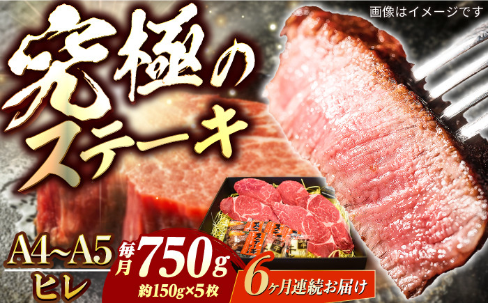 
            【6回定期便】長崎和牛 ヒレ ステーキ A4-A5 約150g×5枚 長与町/meat shop FUKU [ECS039]国産 牛肉 ヒレ ステーキ肉 A5 A4 ひれ ヒレ肉 ヒレステーキ肉 牛肉 希少部位 ひれすてーき 冷凍 定期便 ていきびん
          