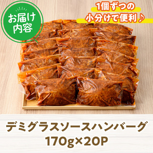 デミグラスハンバーグ(計3.4kg・170g×20個) 簡単調理 温めるだけ 豚肉 デミグラスソース 洋食 湯煎 お肉 牛肉 ソース 冷凍 個包装 国産 おかず 惣菜 レンジアップ 【C-28】【株式