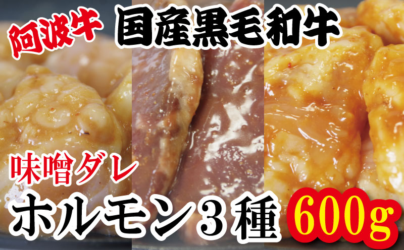 ホルモン 小腸 大腸 ハツ 阿波牛 味噌漬け 200g×3パック 小分け 計600g  国産 牛 黒毛和牛 鍋 焼肉 脂 焼き ホソ シマチョウ もつ 肉 牛肉 BBQ 【北海道・東北・沖縄・離島への