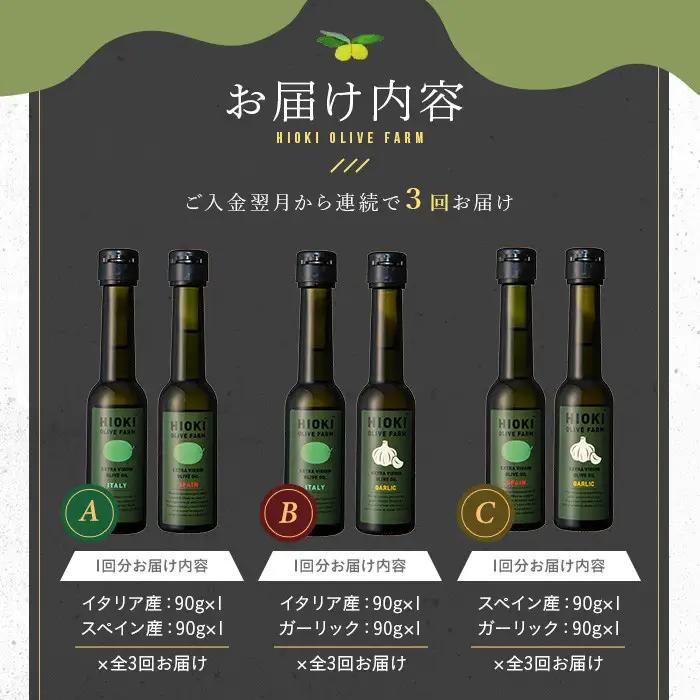No.823-A ＜定期便・全3回(連続)＞オリーブオイルイタリア産＆スペイン産(各90g×3回) 油 食用油 HIOKI OLIVE FARM エキストラバージン オイル 希少 セット 詰合せ 詰め