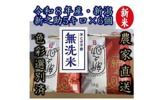 【令和8年産新米】整粒率95％の1等米！！ 阿賀野市産「新之助」無洗米 30kg（5kg×6袋） 中島農場 精米 新潟県 米 こめ コメ お米 ごはん ご飯 農家直送 色彩選別済 新米 新米予約 令和8年産 9月下旬より順次発送  3R15094