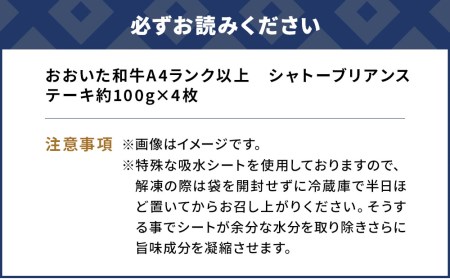 おおいた和牛A4ランク以上 シャトーブリアンステーキ約100g×4枚 合計400g以上牛肉 和牛 豊後牛 国産牛 赤身肉 焼き肉 焼肉 ステーキ肉 大分県産 九州産 津久見市 国産【tsu001801