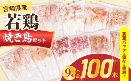 宮崎県産 若鶏 焼き鳥 合計100本 セット 9種 鶏肉 とり 鳥 国産 真空パック もも ねぎま 肩肉 せせり むね ハツ 砂肝 ハラミ ささみ おかず おつまみ 食品 簡単調理 焼肉 おすすめ 贈り物 ギフト 冷凍 宮崎県 日南市 送料無料_GD8-25