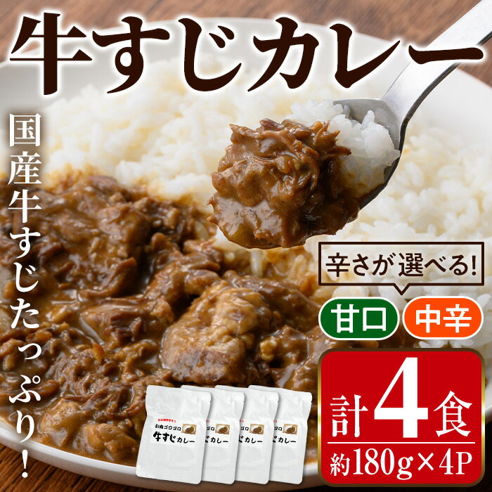 【ふるさと納税】＜辛さが選べる！＞牛すじカレー(180g×4P・計720g) 牛すじ カレー 甘口 中辛 国産 牛 肉 レトルト 常温 保存 4食 4人前 簡単 調理 レンジ 湯煎 ごはん おかず 【まつぼっくり】