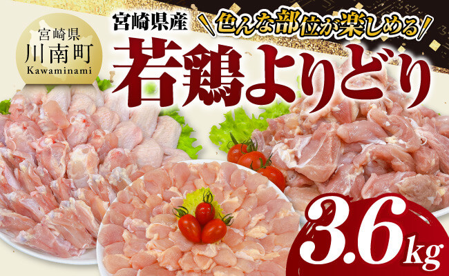 
                  宮崎県産若鶏　よりどり3.6kg 【 もも 手羽先 チキンリブ 肩肉 鶏肉 とり肉 料理 便利 】
                