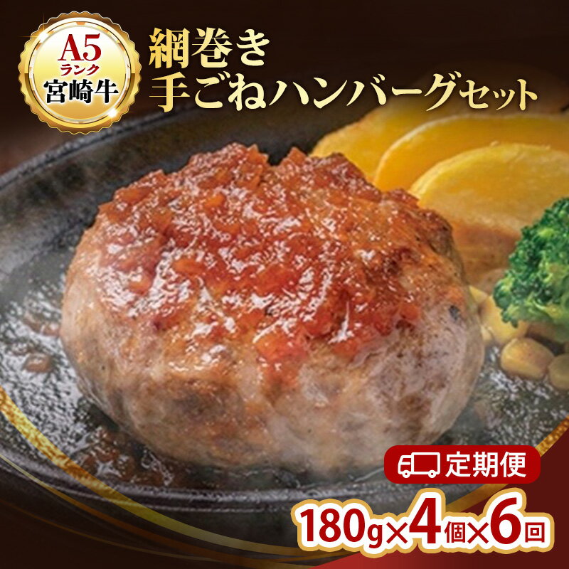 【ふるさと納税】ハンバーグ A5ランク 宮崎牛 網巻き手ごねハンバーグセット 4個入り×6回 定期便 セット 工場直売所 国産 ブランド豚 肉汁 ふっくら ジューシー 惣菜 手ごね 日進市 愛知県