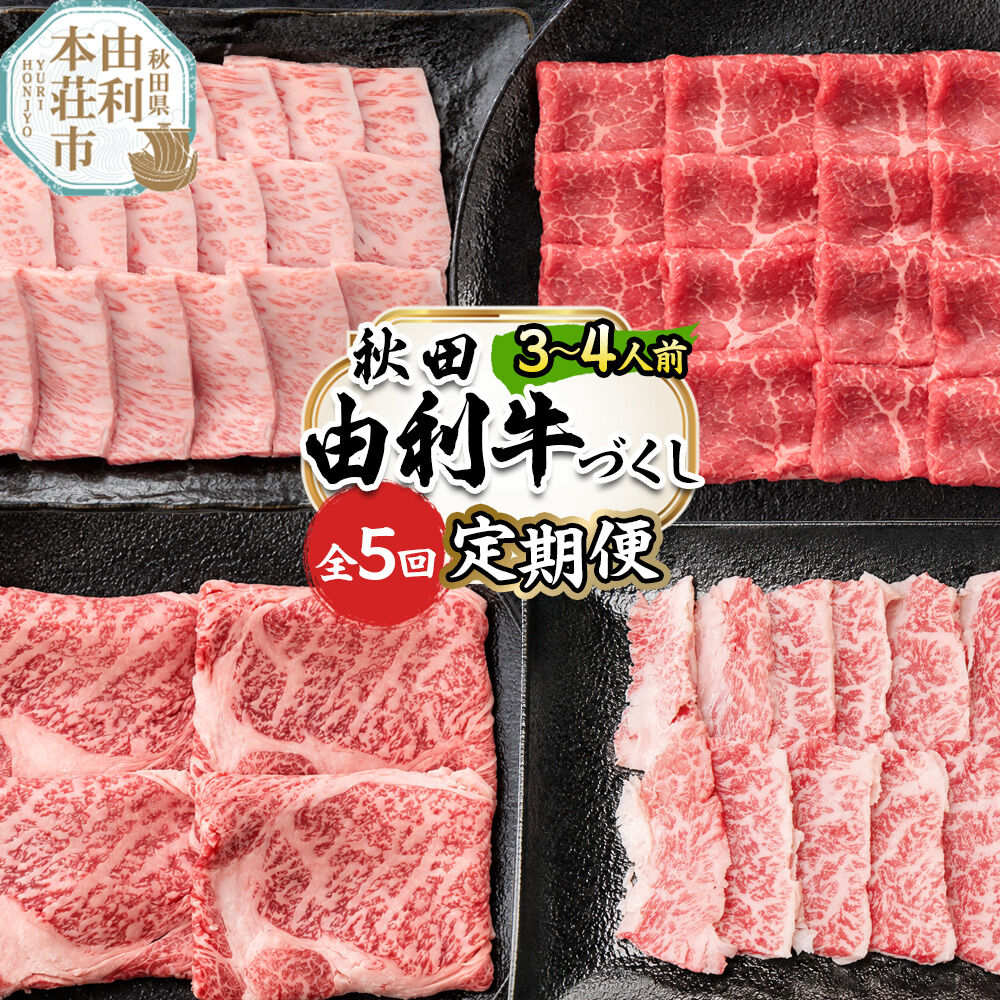 【ふるさと納税】【定期便 全5回】由利牛づくし セット 合計3.12kg（目安：3〜4人前） [牛肉 肉 秋田由利牛 黒毛和牛 国産 しゃぶしゃぶ すき焼き 焼肉 バーベキュー 食べ比べ セット 秋田かまくらミート]