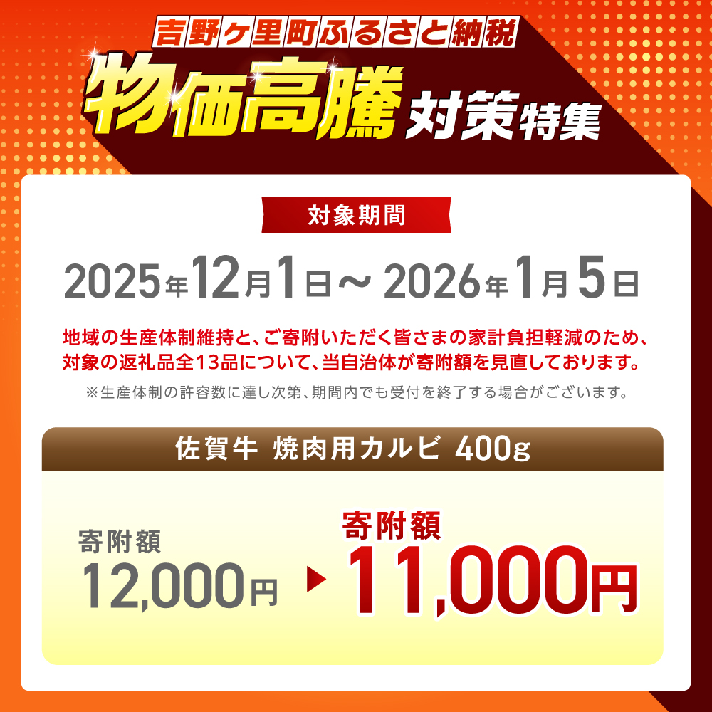 【国内トップクラスの黒毛和牛】 A4 A5 佐賀牛焼肉用カルビ400g 吉野ヶ里町/ミートフーズ華松 [FAY047]
