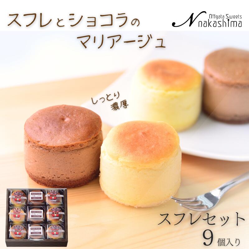 【ふるさと納税】スフレチーズケーキ 『チーズとショコラのスフレセット』 9個入り 1箱 (大糸チーズ×6個、半熟ショコラ×3個) 優しい味わい ギフトにおすすめ 新潟県 糸魚川 ナカシマ スフレケーキにチョコレートの美味しさをプラス のし対応可 洋菓子 お歳暮 お中元 贈答