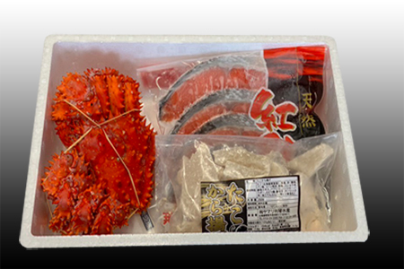 花咲かに400g前後～550g前後×1尾、タコから揚げ250g×1P、紅鮭5切×1P A-70056