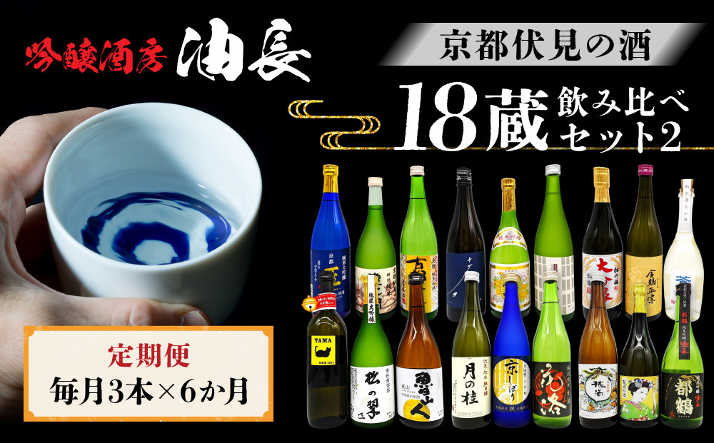 ＜定期便・毎月3本×6ヵ月＞【吟醸酒房 油長】京都伏見の酒 18蔵飲み比べ2［ 京都 伏見 酒房 日本酒18種飲み比べ 大吟醸 吟醸 純米酒 人気 おすすめ お酒 日本酒 地酒 ご当地 酒蔵 酒造 ギフト プレゼント お取り寄せ 通販 送料無料 ふるさと納税 ］ 261009_A-CN023