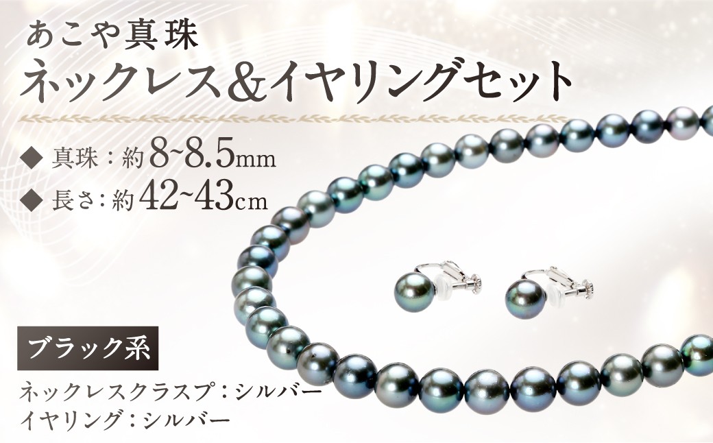 
            あこや真珠 （8～8.5mm珠、ブラック系） ネックレス ＆ イヤリング セット ／ 2点セット アコヤ真珠 真珠 パール 黒真珠 あこや黒真珠 アクセサリー ジュエリー 葬祭用 保証書付
          