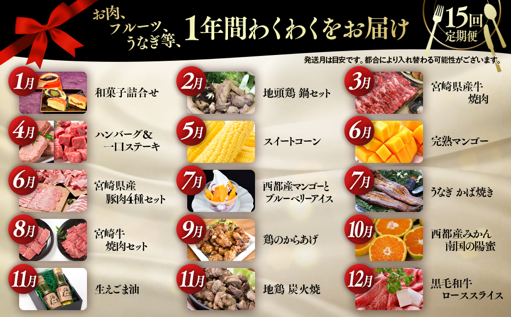 【季節の定期便】西都まるごと堪能セットＢ 15品お届け 令和7年1月発送開始 12ヶ月定期便『シルバーコース』＜20-8＞牛肉 果物 フルーツ うなぎ 宮崎県西都市