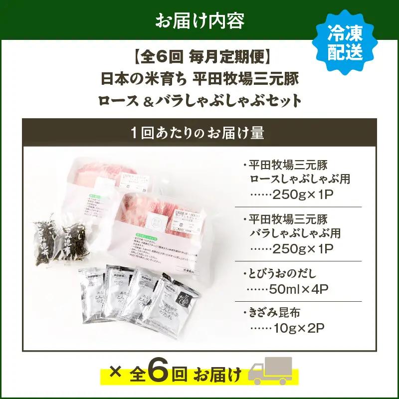 【 全6回 毎月 定期便 】 日本 の 米育ち 平田牧場 三元豚ロース 250g ・ バラ しゃぶしゃぶ ロース 250g T036-T02-02 肉 豚肉