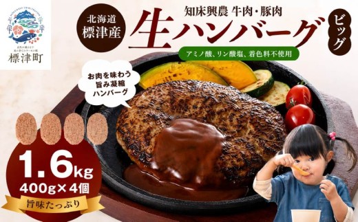北海道産 生ハンバーグ ビッグ  1.6g ( 400g × 4個 セット ) 冷凍 手作り ハンバーグ 国産 保存料不使用 牛肉 豚肉 ギフト お弁当 アミノ酸不使用 リン酸塩不使用 着色料不使用 牛 豚 肉 肉加工品 加工品 国産肉 国産豚 国産牛 はんばーぐ hannba-gu 冷凍食品 ロコモコ ロコモコ丼 メイン 夕飯 便利 パック 北海道 標津町