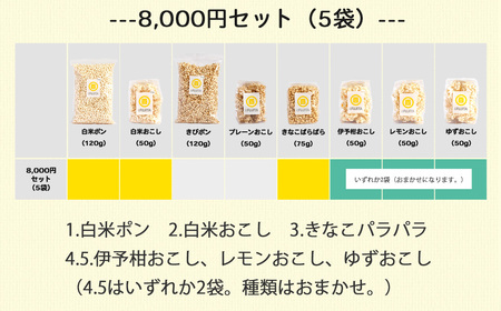 米菓子 自家製ポン菓子 8000円（5袋） セット 愛媛 新居浜の米農家が作る昔なつかしい味 グルテンフリー おやつ 白米 玄米 柑橘フレーバー【百姓屋.藤田】