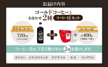 GRAN TORINO コールドコーヒー 720ml + おまかせ コーヒー 豆 200g × 2種類 キリマン トラッドブレンド グアテマラ モカ マンデリン 自家焙煎 珈琲豆 ドリンク 飲料 福岡