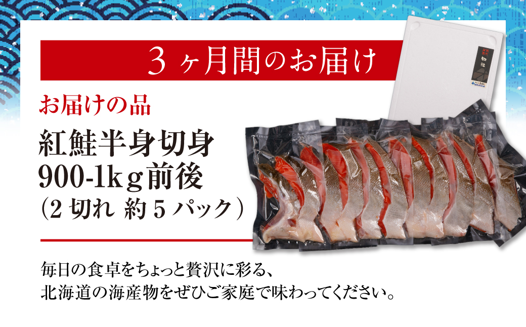 定期便 全3回 天然紅鮭半身切身（2切れ×約5パック）網走加工 ABB198