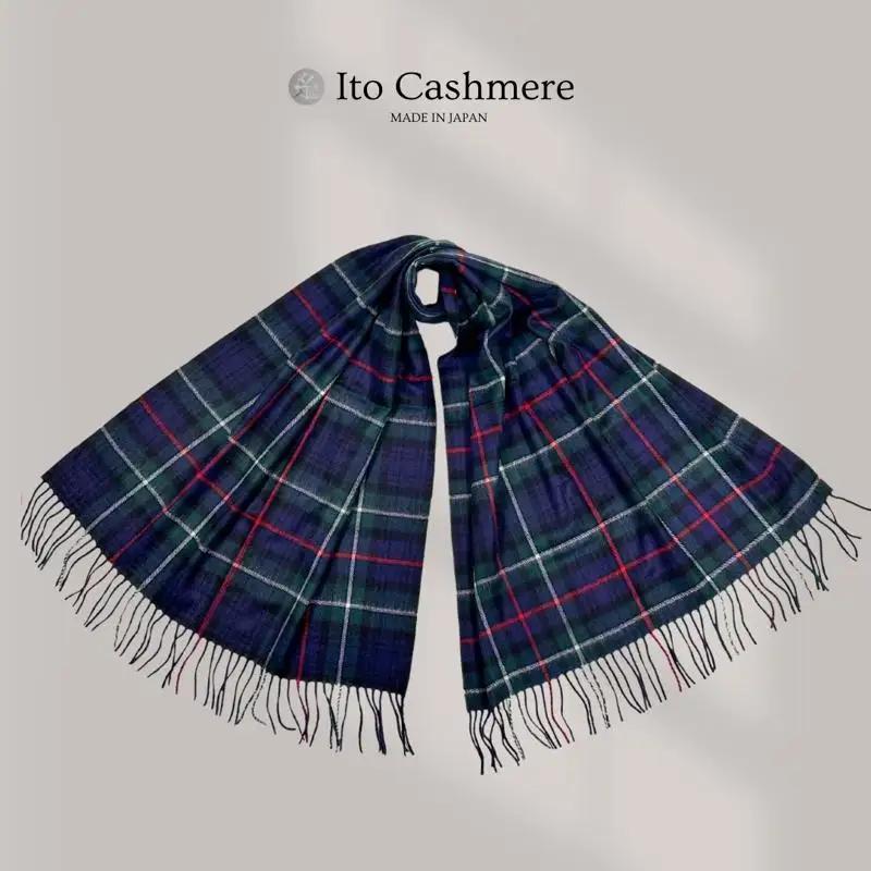 【100％ピュアカシミヤ】大判ストール フリンジ付き チェック柄 Tartan
