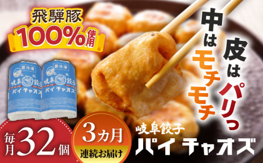 【3回定期便】 餃子 岐阜32個入り（パイチャオズ） ぎょうざ 冷凍餃子 お取り寄せ 中華 おかず 夕食 焼き餃子 揚げ餃子 岐阜 冷凍配送 おすすめ 人気 3ヶ月 3回 定期便 32個 セット 詰め合わせ 飛騨豚 厚皮 パリパリ モチモチ 点心 中華惣菜 パーティー 家飲み 宅飲み ギフト プレゼント 贈り物 贈答 岐阜市 / MABUCHIKOGYO [ANEY006]