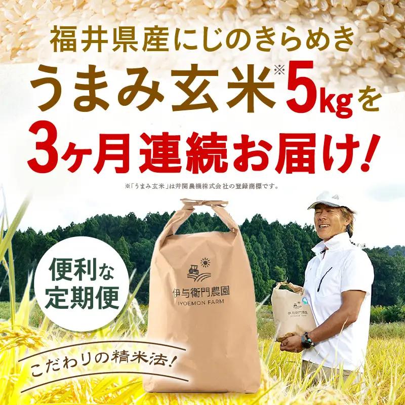 【先行予約】【令和8年産】 定期便 ≪3ヶ月連続お届け≫ にじのきらめき うまみ玄米 5kg×3回 ／ 鮮度抜群 15キロ 福井県あわら産 玄米 お米 ※2026年10月上旬より順次発送 [aw071