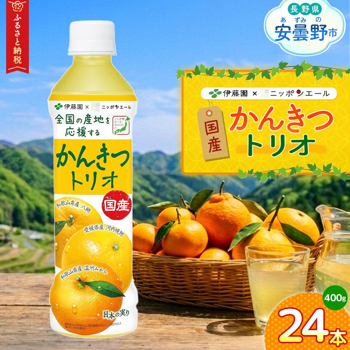 【ふるさと納税】伊藤園　ニッポンエール　国産かんきつトリオ「400g×24本」【飲料 ジュース かんきつ 温州みかん 晩柑 八朔 ミックス さわやか 甘酸っぱい 長野県 安曇野市 信州】