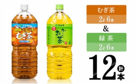 伊藤園　むぎ茶（2L）＆緑茶（2L）(PET）12本 【伊藤園 飲料類お茶 お茶 麦茶 緑茶お茶 PET お茶セット お茶詰め合わせ 飲みものお茶 長期保存お茶 備蓄お茶 お茶】