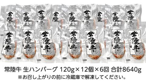 【6ヶ月定期便】 黒毛和牛 常陸牛 100% 特製 プレミアム 生ハンバーグ 120g×12個入り 合計1,440g 八千代町産 白菜 使用 無添加 無着色 保存料不使用 冷凍 牛 [AU057ya]