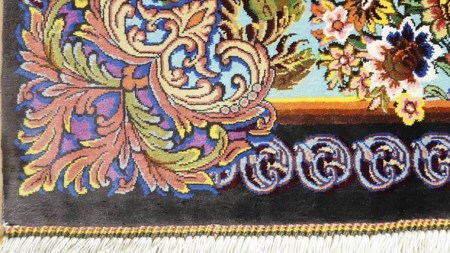 【限定1品】 絨毯 シルク100％ 手織り ラグマット カーペット／ 高級 玄関マットサイズ 90×59cm 高品質 じゅうたん ラグ （FS-2108) 青 植物 花柄 鳥   エントランスマット 