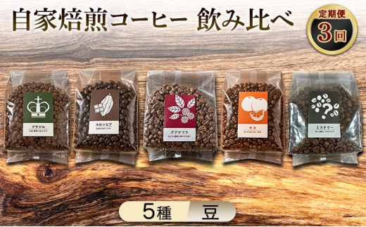 【厳選5種の3ヶ月定期便】芳醇なフルーティー＆ビター飲み比べセット・自家焙煎コーヒー（豆）(モカ285g×2、ブラジル250g、グァテマラ221g、コロンビア239g、インドネシア327g) 珈琲