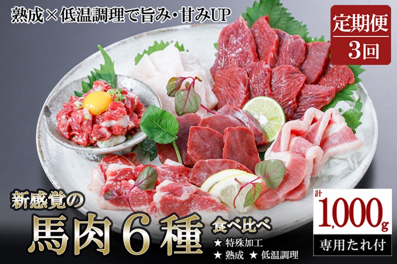 
            【阿蘇牧場】定期便 3回 馬肉 盛り合わせ 6種 1000g 1kg 計3000g 3kg 赤身 フタエゴ ハツ サガリ ユッケ コウネ 特許製法 氷温熟成 低温調理 加熱済 希少部位 新感覚 焼いたらもっと美味しい 旨みたっぷり 小分け 専用醤油 タレ付 真空パック 熊本 阿蘇 小国町
          