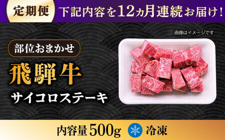 【12回定期便】 【飛騨牛】A5等級 サイコロステーキ 部位おまかせ 500g[TAZ041]定期便 牛肉