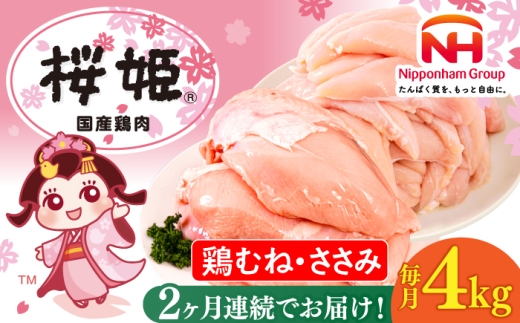 【全2回定期便】桜姫ヘルシーセット 計4kg（鶏むね・ささみ 各2kg）《厚真町》【東日本フード株式会社】 桜姫 国産鶏肉 鶏肉 鶏 むね肉 ムネ ささみ ささみ肉 冷凍 北海道 [AXBM058]