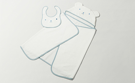 コットンベビー　フード付きおくるみ+スタイセット（ブルー）（ 009_5008）