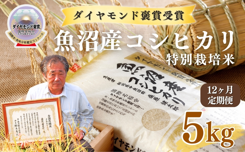 【令和8年産先行予約】【12ヶ月定期便】最高級魚沼産こしひかり【ダイヤモンド褒賞受賞 特別栽培米】 5kg（5kg×1袋）×全12回 129406-010