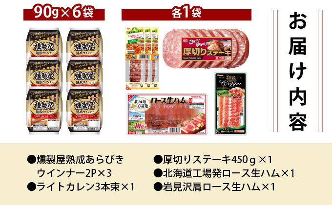 燻製屋熟成あらびきウインナー・ソーセージ・生ハム詰め合わせA 燻製屋熟成あらびきウインナー2P×3、ライトカレン3本束×1、厚切りステーキ450ｇ×1、北海道工場発ロース生ハム×1、岩見沢肩ロース生ハ