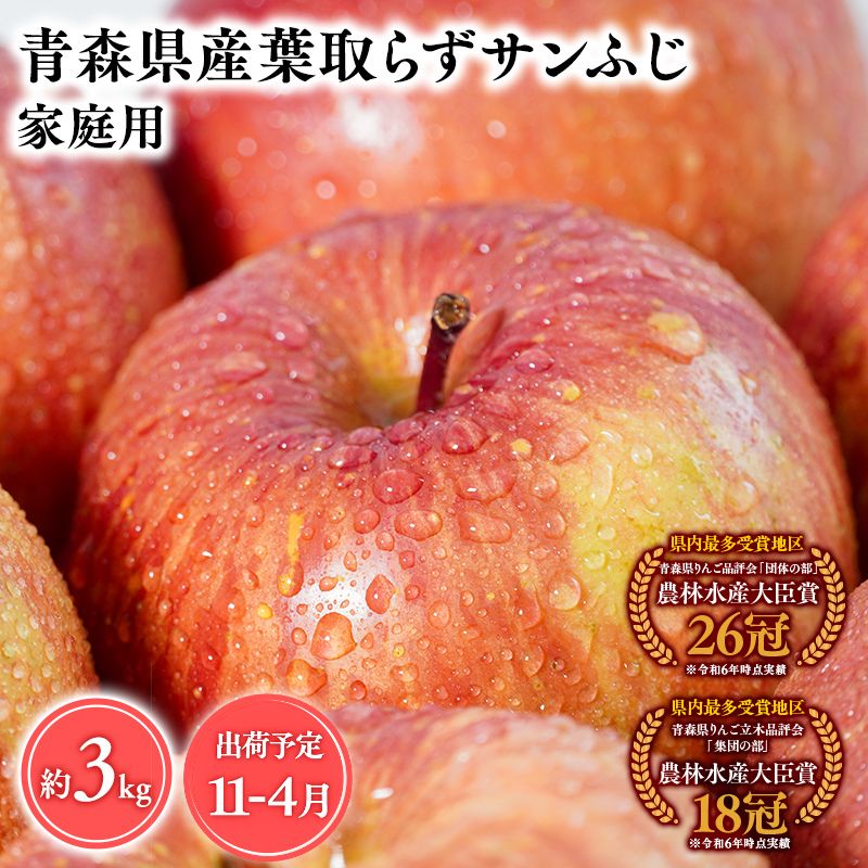 2026年産１１月～4月発送　【訳あり】家庭用葉とらずサンふじ3kg【青森県 平川市 そと川りんご園】 