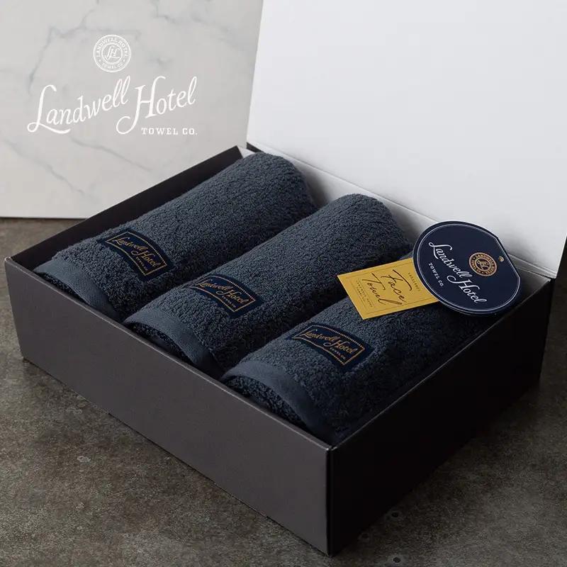 【TVで紹介！】Landwell Hotel フェイスタオル 3枚 ネイビー ギフト 贈り物