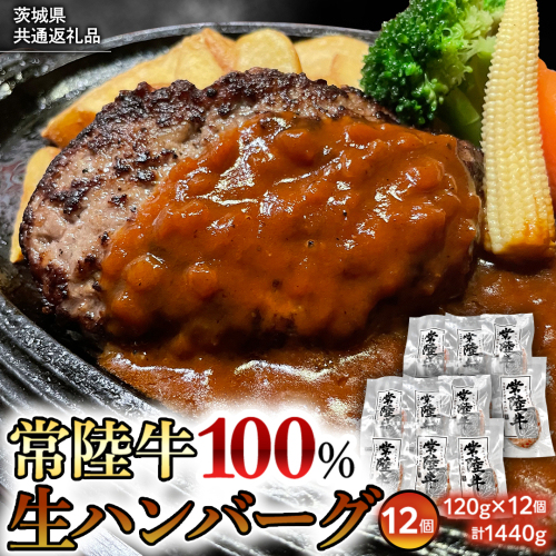 【茨城県共通返礼品】黒毛和牛 常陸牛 100% 特製 プレミアム 生ハンバーグ 120g×12個入り 合計1,440g 八千代町産 白菜 使用 無添加 無着色 保存料不使用 冷凍 牛 牛肉 ビーフ 生 ハンバーグ こだわり [AU053ya]