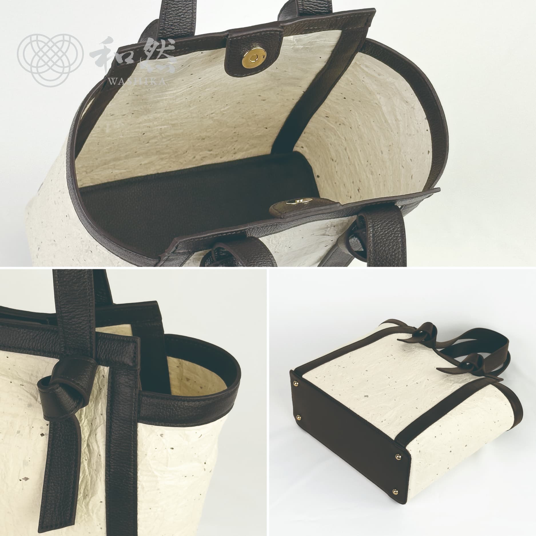 【和然WASHIKA】レザーノットハンドルバッグ 美濃の手漉き和紙 × 本革 カラー：オレンジ オレンジ