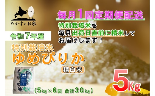 【6回定期便】 【令和7年産】 ゆめぴりか （精白米） 5kg×6回 合計30kg ｜ 特A 北海道 米 精米 白米 鷹栖町 たかすのお米 特別栽培米 お米 ご飯 ブランド米 お取り寄せ 産地直送