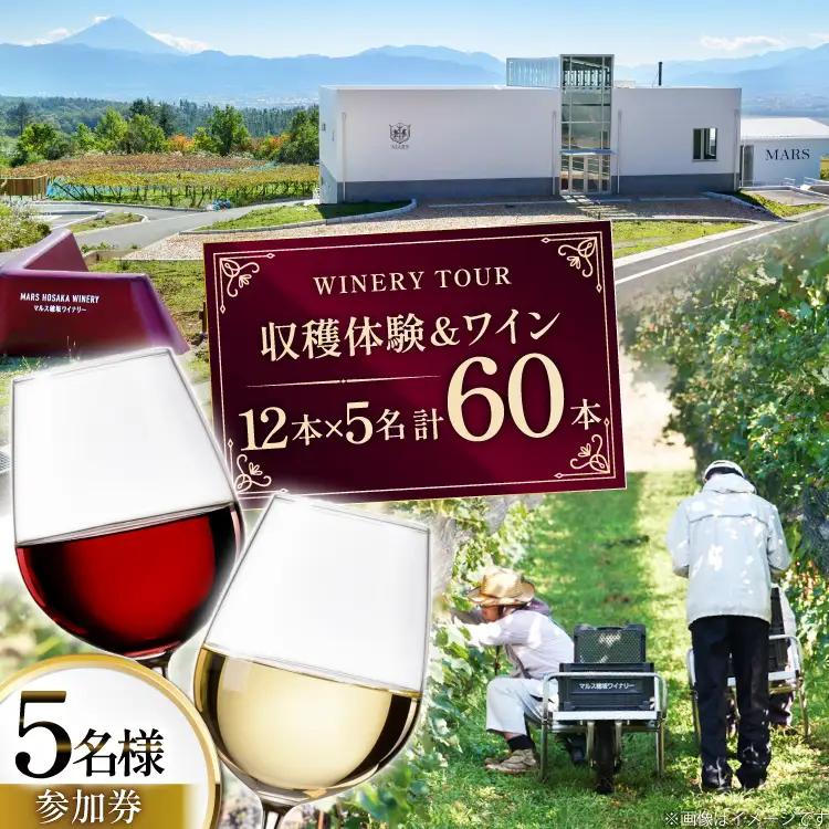 ワイン 収穫体験＆ワインセット 12本×5名 計60本 5名様 参加券 ワイナリー [本坊酒造マルス穂坂ワイナリー 山梨県 韮崎市 20745172]