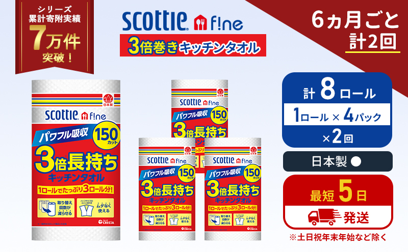 定期便 キッチンペーパー 4パック入 キッチンタオル スコッティ ファイン 1 ロール 3倍 150カット セット《6ヶ月ごと計2回》 ペーパータオル キッチン用品 節約 日用品 日用雑貨 備蓄 備蓄用 防災 災害 3倍巻き まとめ買い 宮城県 岩沼市
