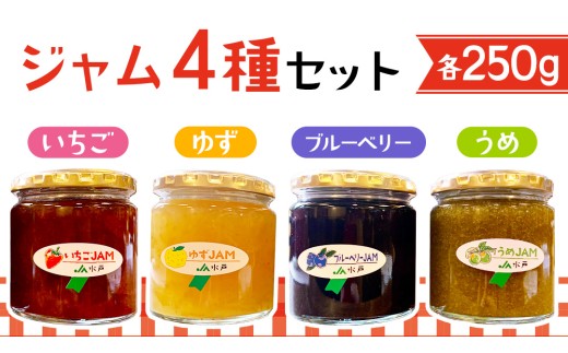 いちご・ゆず・梅・ブルーベリージャム(250g)×各1個 コンフィチュール フルーツジャム パン 食パン 朝食 アレンジ お菓子作り ヨーグルト 炭酸水 炭酸割り 詰合せ 果物 フルーツ 茨城県 道の駅かつら (AF004)