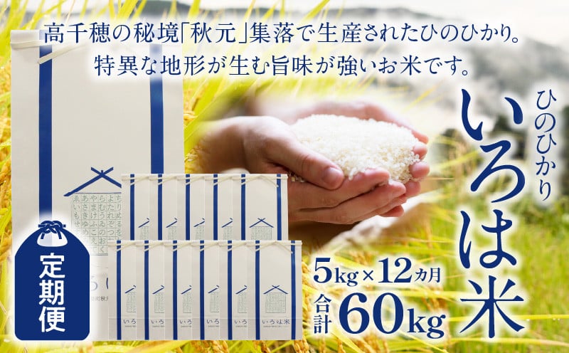 【定期便】宮崎県高千穂町[秋元産］いろは米　棚田米　白米　新米　ひのひかり　5㎏×12ヶ月　合計60kg　T-2
