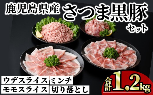 鹿児島県産さつま黒豚モリモリおためしパック (合計1.2kg) 小分け 冷凍 スライス ひき肉 ミンチ モモ ウデ 切り落とし【KNOT】A1035